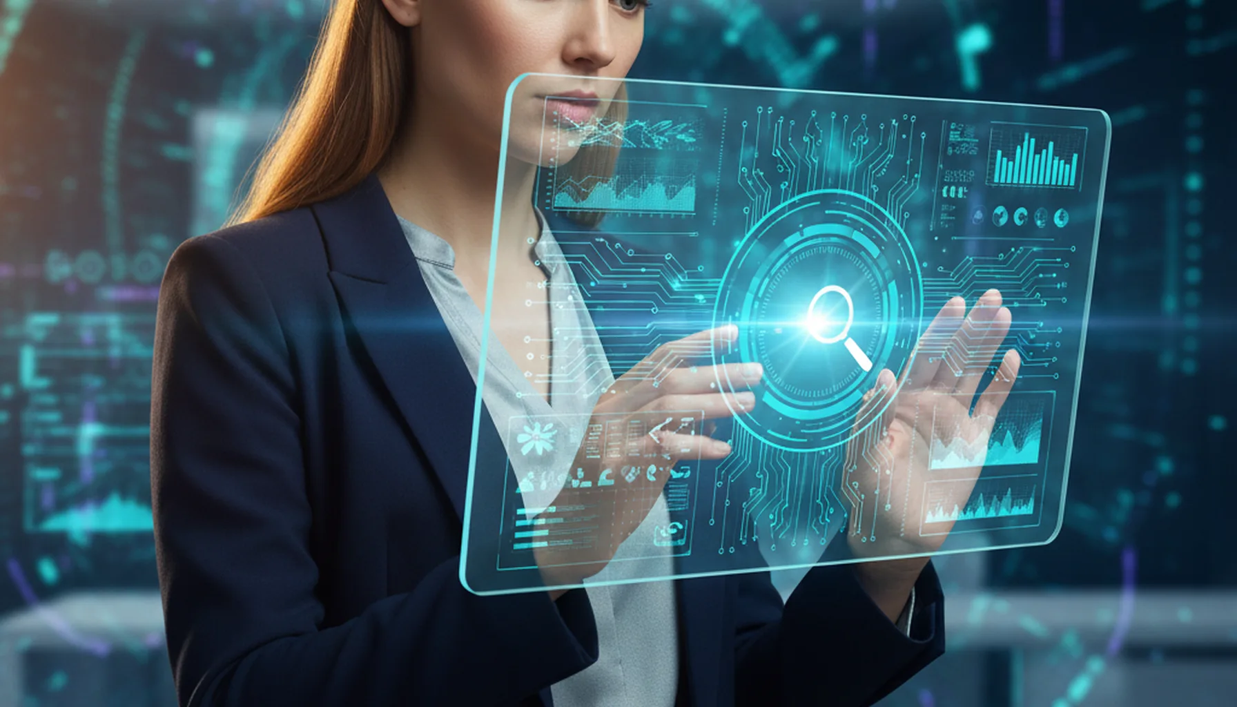 Иллюстрация к статье «Обзор Perplexity AI: Главные преимущества и сравнение с ChatGPT и Google» — A focused professional researcher with Slavic appearance (E…