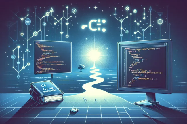 Иллюстрация к статье «Основы C++ для начинающих: первые шаги к коду» — молодой человек славянской внешности сидит за ноутбуком, сосредоточенно изучает основы…