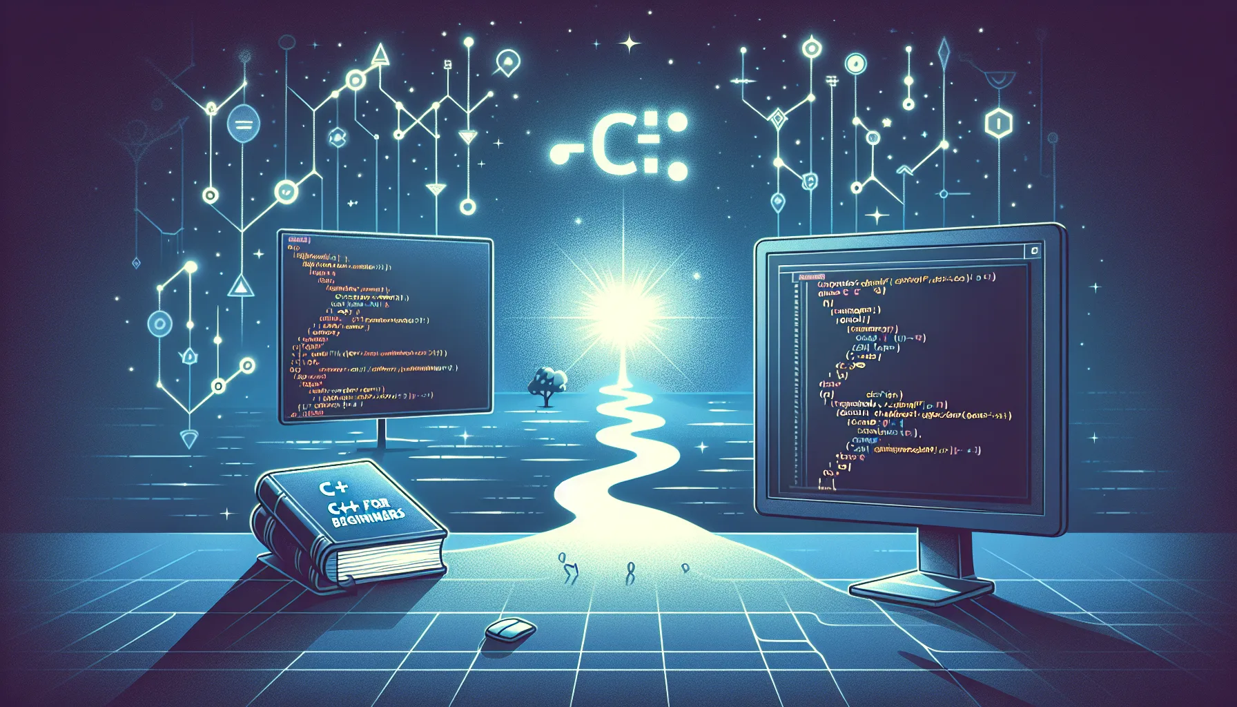 Иллюстрация к статье «Основы C++ для начинающих: первые шаги к коду» — молодой человек славянской внешности сидит за ноутбуком, сосредоточенно изучает основы…