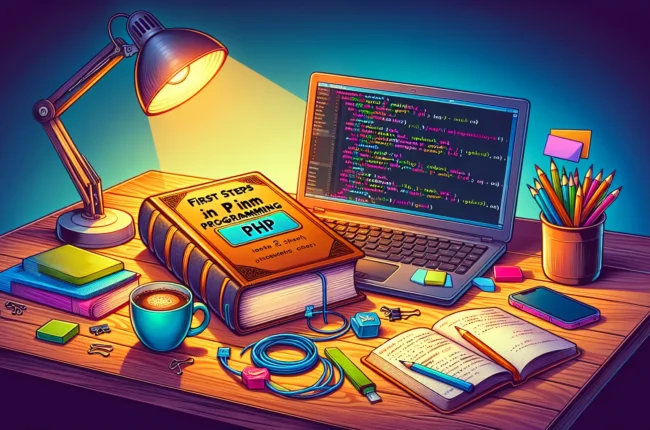 Иллюстрация к статье «Основы PHP для начинающих: первый шаг в программирование» — молодой человек славянской внешности за ноутбуком, изучающий программирован…