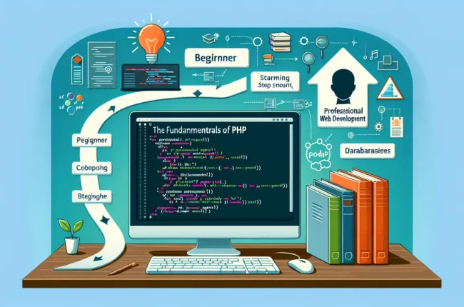 Иллюстрация к статье «Основы PHP: первые шаги к профессиональной веб-разработке» — Молодой славянский веб-разработчик, сидящий за рабочим столом с ноутбуком,…