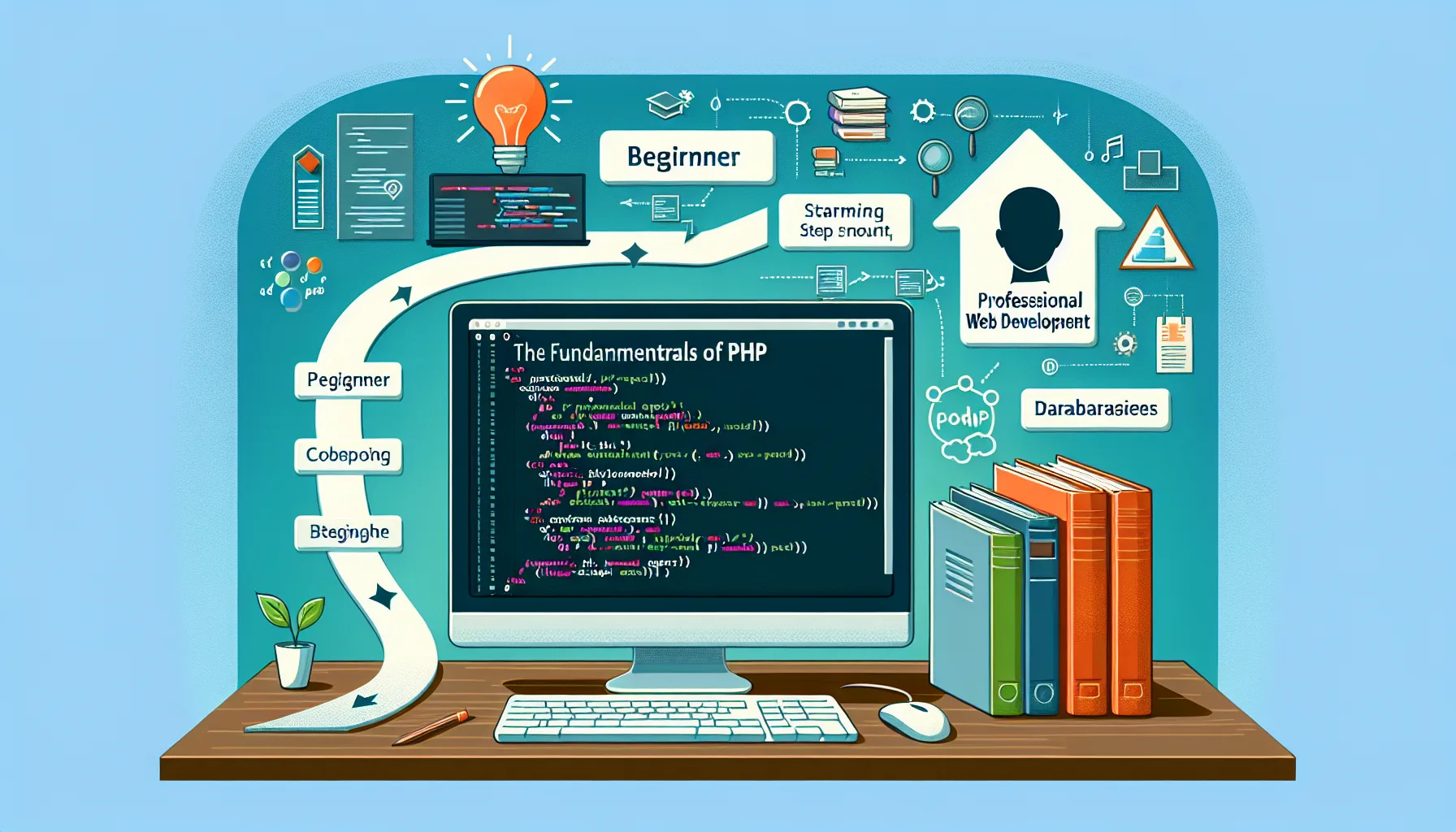 Иллюстрация к статье «Основы PHP: первые шаги к профессиональной веб-разработке» — Молодой славянский веб-разработчик, сидящий за рабочим столом с ноутбуком,…