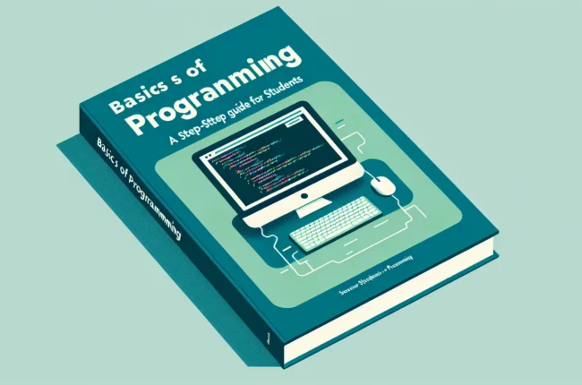 Иллюстрация к статье «Основы программирования: пошаговое руководство для студентов» — молодой студент славянской внешности, сидящий за ноутбуком и изучающий …