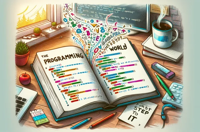 Иллюстрация к статье «Основы программирования простыми словами: первый шаг к IT» — молодой человек и девушка славянской внешности сидят за ноутбуком, изучают…