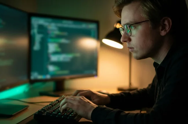 Иллюстрация к статье «Основы терминала Linux: Список самых важных команд для быстрого старта» — Young male IT specialist with Eastern European Slavic appeara…