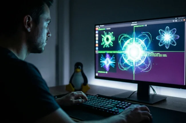 Иллюстрация к статье «От GPT до Llama в терминале: Рейтинг самых мощных CLI моделей для Linux» — Программист, мужчина славянской внешности, 25-35 лет, сосред…