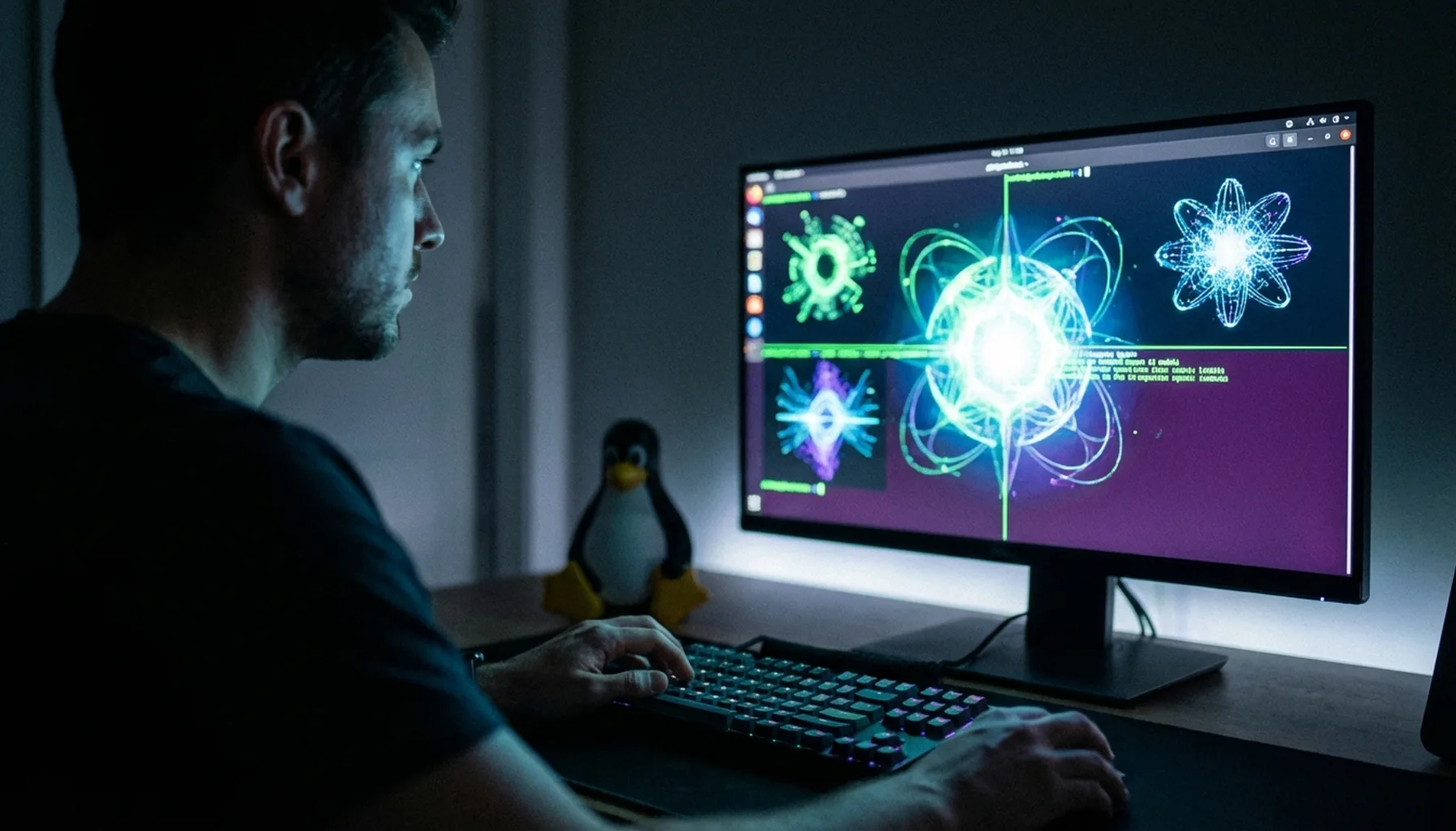 Иллюстрация к статье «От GPT до Llama в терминале: Рейтинг самых мощных CLI моделей для Linux» — Программист, мужчина славянской внешности, 25-35 лет, сосред…