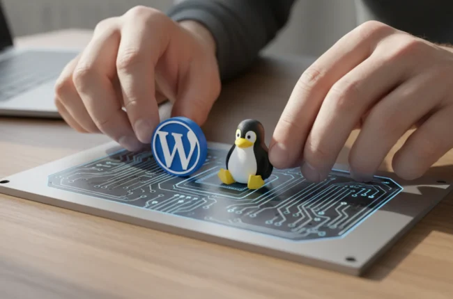 Иллюстрация к статье «От А до Я: Устанавливаем WordPress на Linux VPS своими руками» — Руки человека со славянской внешностью, который аккуратно устанавливае…