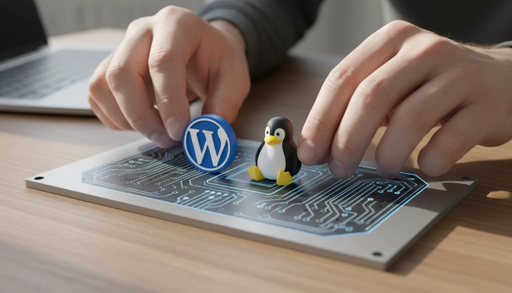 Иллюстрация к статье «От А до Я: Устанавливаем WordPress на Linux VPS своими руками» — Руки человека со славянской внешностью, который аккуратно устанавливае…