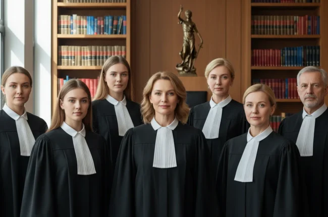 Иллюстрация к статье «От мужской монополии к женскому большинству: как изменился состав судейского корпуса?» — Группа из 5-7 судей в черных мантиях в зале су…