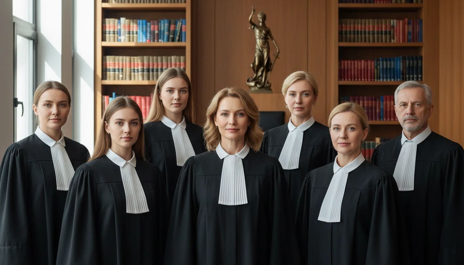 Иллюстрация к статье «От мужской монополии к женскому большинству: как изменился состав судейского корпуса?» — Группа из 5-7 судей в черных мантиях в зале су…