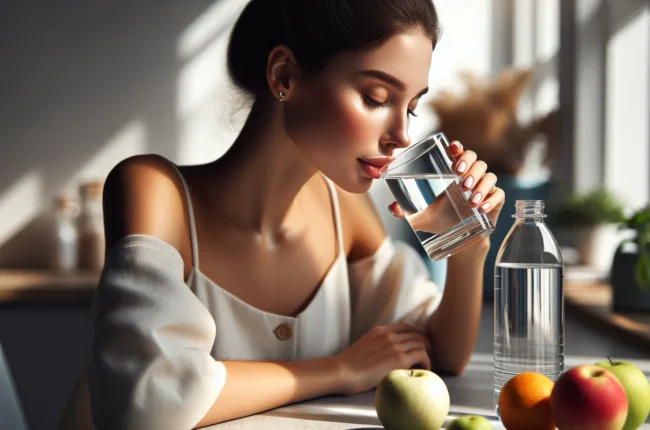 Иллюстрация к статье «Питьевой режим: сколько воды нужно организму для идеального самочувствия» — Молодая женщина славянской внешности пьёт воду из прозрачно…