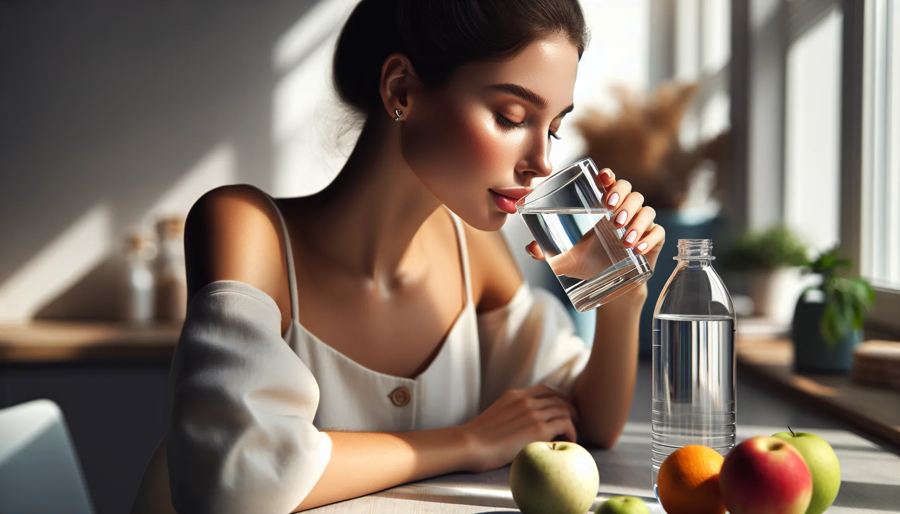 Иллюстрация к статье «Питьевой режим: сколько воды нужно организму для идеального самочувствия» — Молодая женщина славянской внешности пьёт воду из прозрачно…