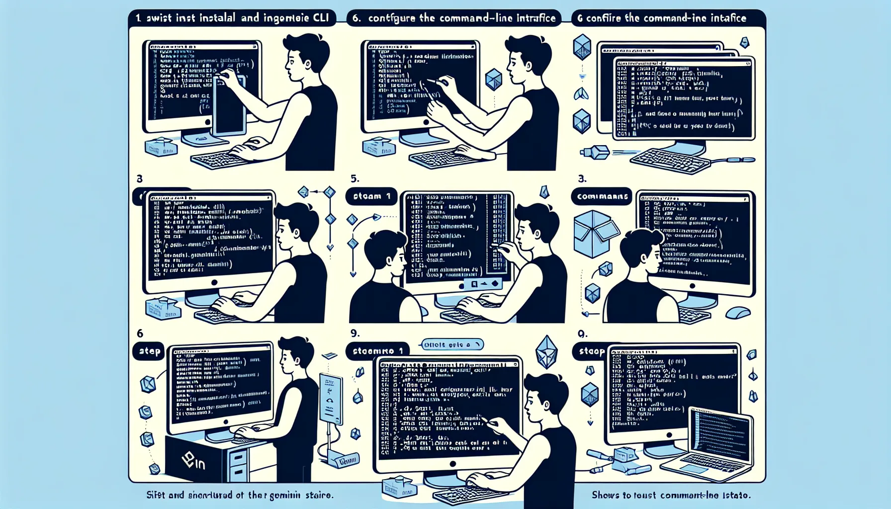 Иллюстрация к статье «Полное руководство: как быстро установить и настроить Gemini CLI» — молодой славянской внешности мужчина сидит за ноутбуком, на экране …