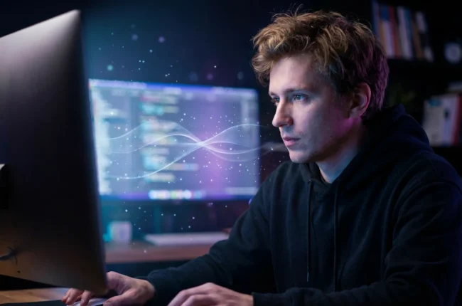 Иллюстрация к статье «Полное руководство по установке Gemini CLI: Google AI в вашей командной строке» — Сосредоточенный разработчик (мужчина, славянская внеш…