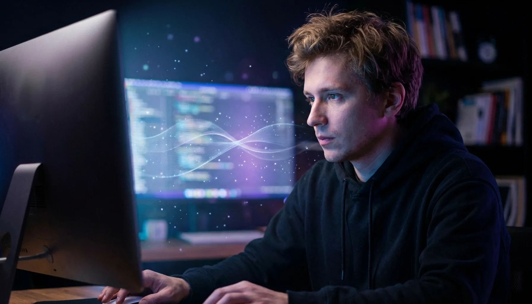 Иллюстрация к статье «Полное руководство по установке Gemini CLI: Google AI в вашей командной строке» — Сосредоточенный разработчик (мужчина, славянская внеш…