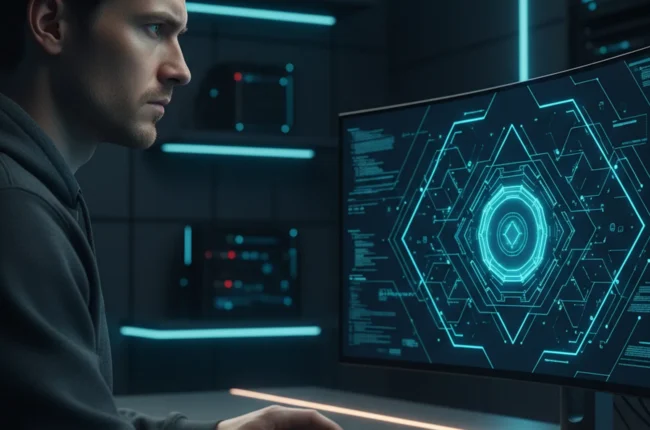 Иллюстрация к статье «Полное руководство по установке Kimi CLI: ИИ в вашем терминале» — Сосредоточенный разработчик славянской внешности (светло-русые волосы…