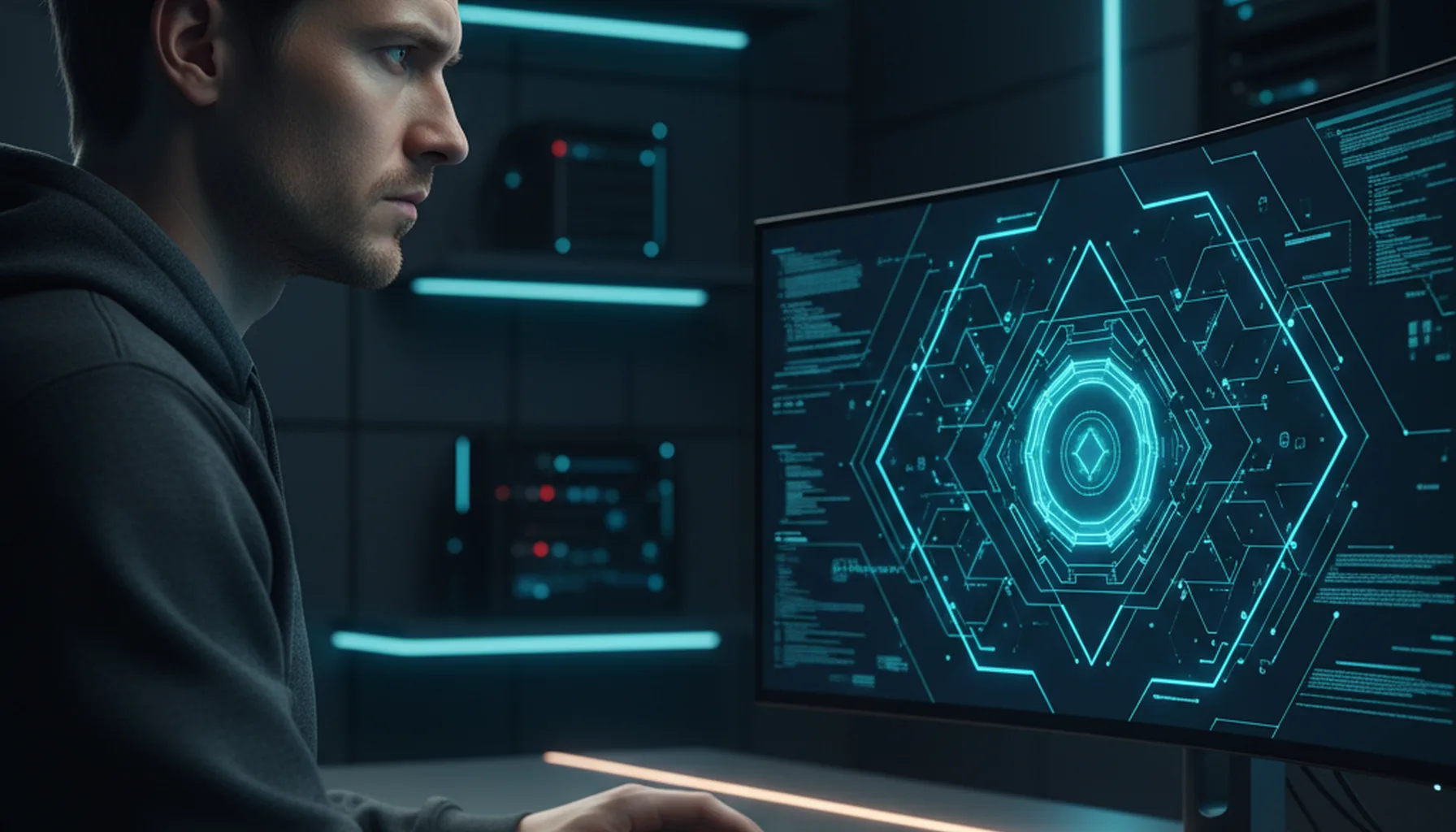 Иллюстрация к статье «Полное руководство по установке Kimi CLI: ИИ в вашем терминале» — Сосредоточенный разработчик славянской внешности (светло-русые волосы…