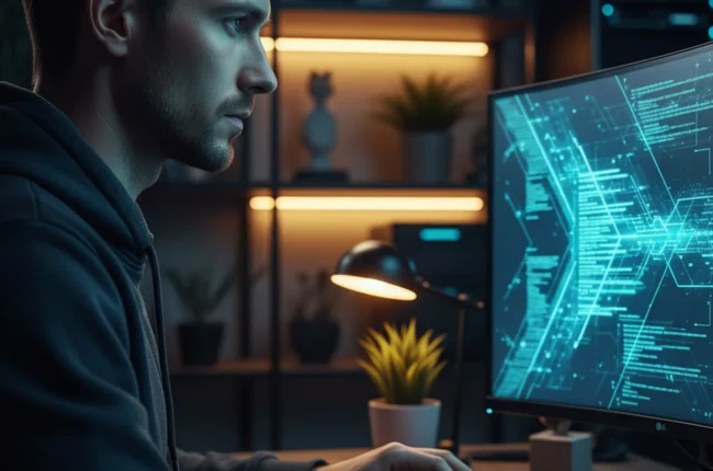 Иллюстрация к статье «Полное руководство по установке Kimi CLI: работа с AI через API в терминале» — A focused software developer with Slavic facial features…