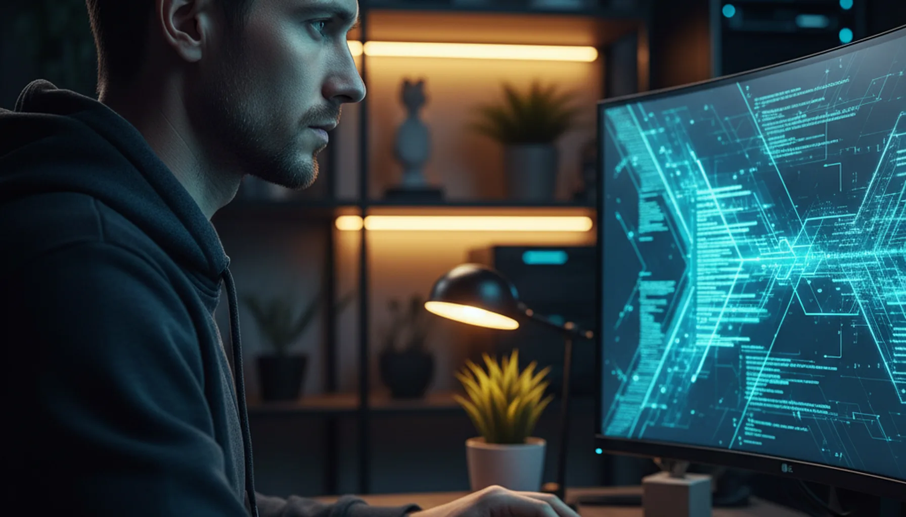 Иллюстрация к статье «Полное руководство по установке Kimi CLI: работа с AI через API в терминале» — A focused software developer with Slavic facial features…