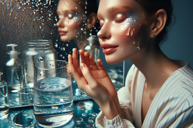 Иллюстрация к статье «Польза воды для кожи, мозга и обмена веществ: полное руководство» — Молодая женщина славянской внешности умывается чистой водой, капли …