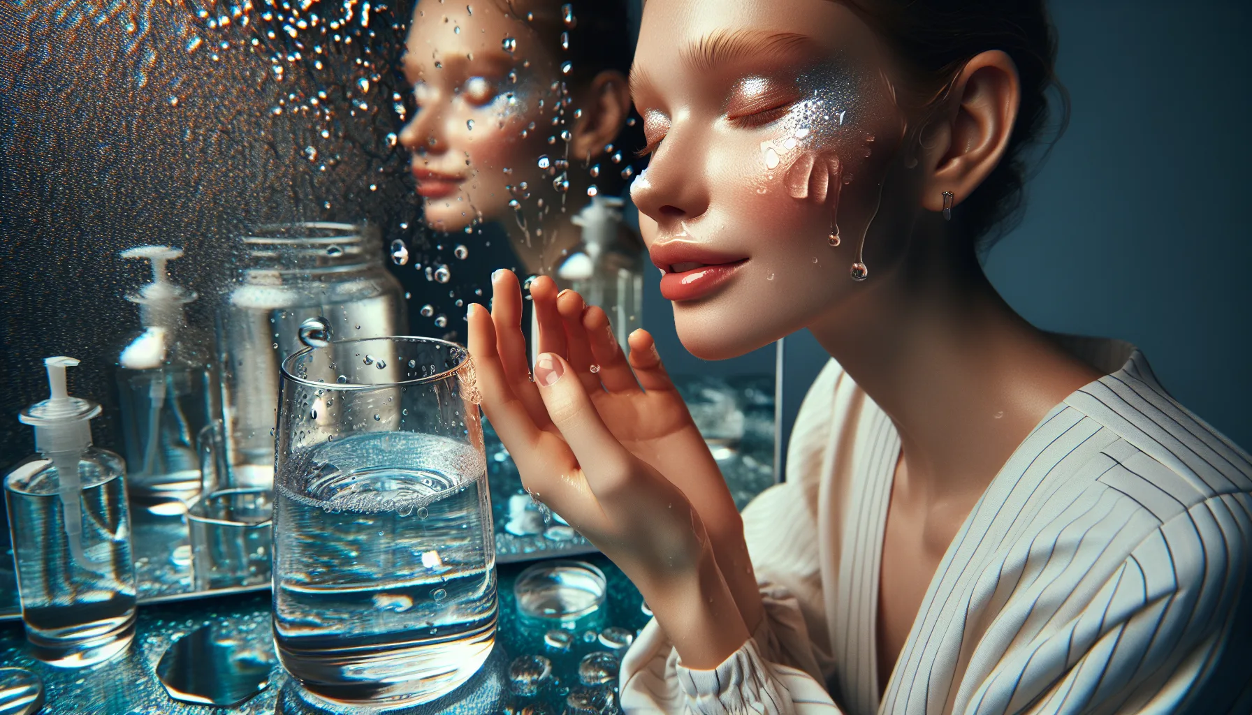 Иллюстрация к статье «Польза воды для кожи, мозга и обмена веществ: полное руководство» — Молодая женщина славянской внешности умывается чистой водой, капли …