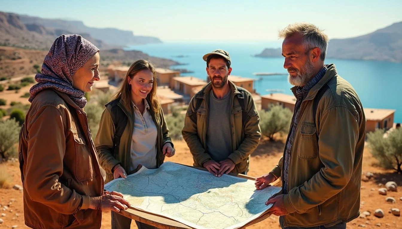 Иллюстрация к статье «Поселенцы на Западном берегу Иордана: кто они и почему там находятся» — A diverse group of settlers in their 30s-50s with Slavic featur…