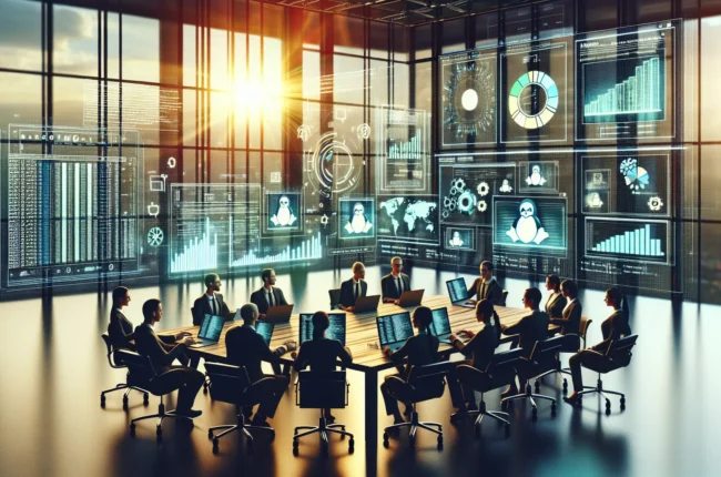 Иллюстрация к статье «Почему Linux становится стандартом в корпоративной среде» — группа профессионалов за столом, обсуждающих компьютерные технологии, с отк…