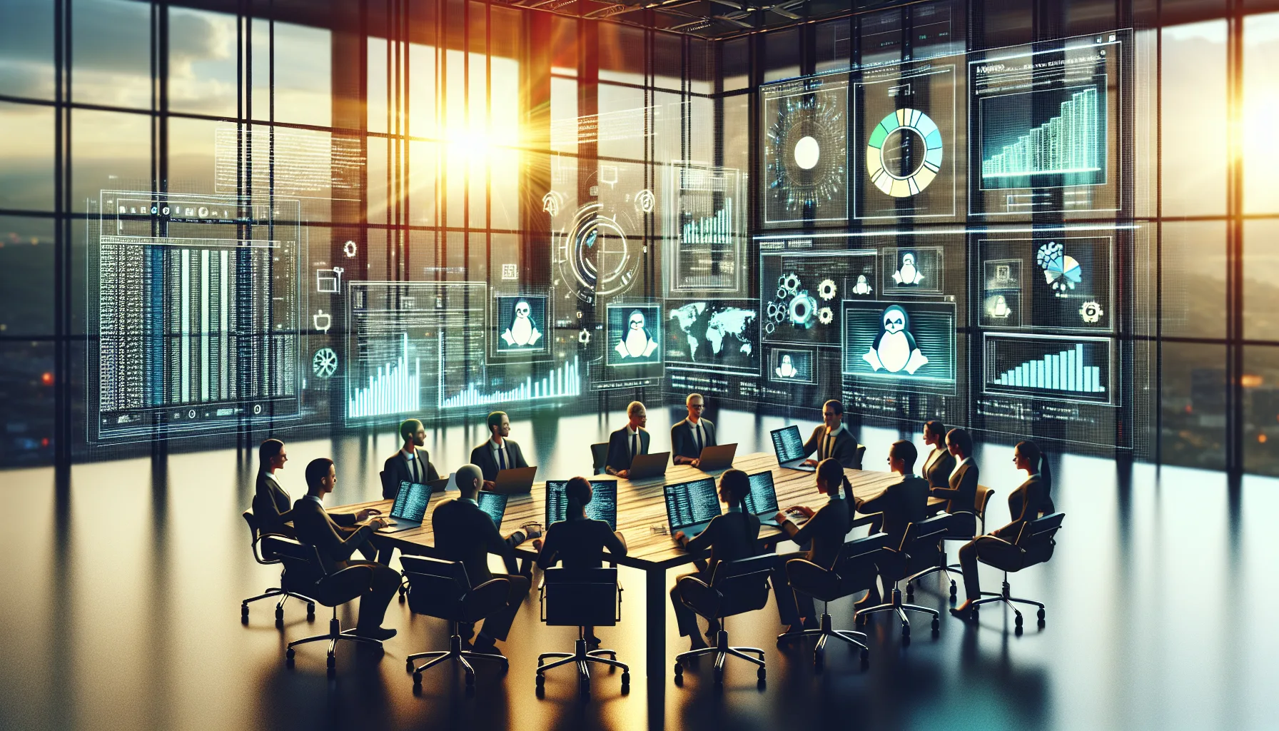 Иллюстрация к статье «Почему Linux становится стандартом в корпоративной среде» — группа профессионалов за столом, обсуждающих компьютерные технологии, с отк…