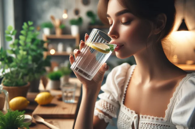 Иллюстрация к статье «Почему важно пить воду: советы врачей и простые привычки для здоровья» — Молодая женщина славянской внешности пьёт воду из прозрачного …