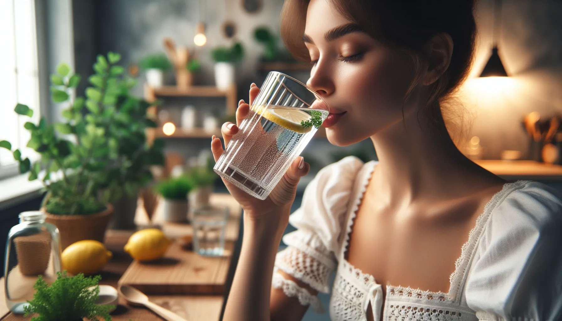 Иллюстрация к статье «Почему важно пить воду: советы врачей и простые привычки для здоровья» — Молодая женщина славянской внешности пьёт воду из прозрачного …