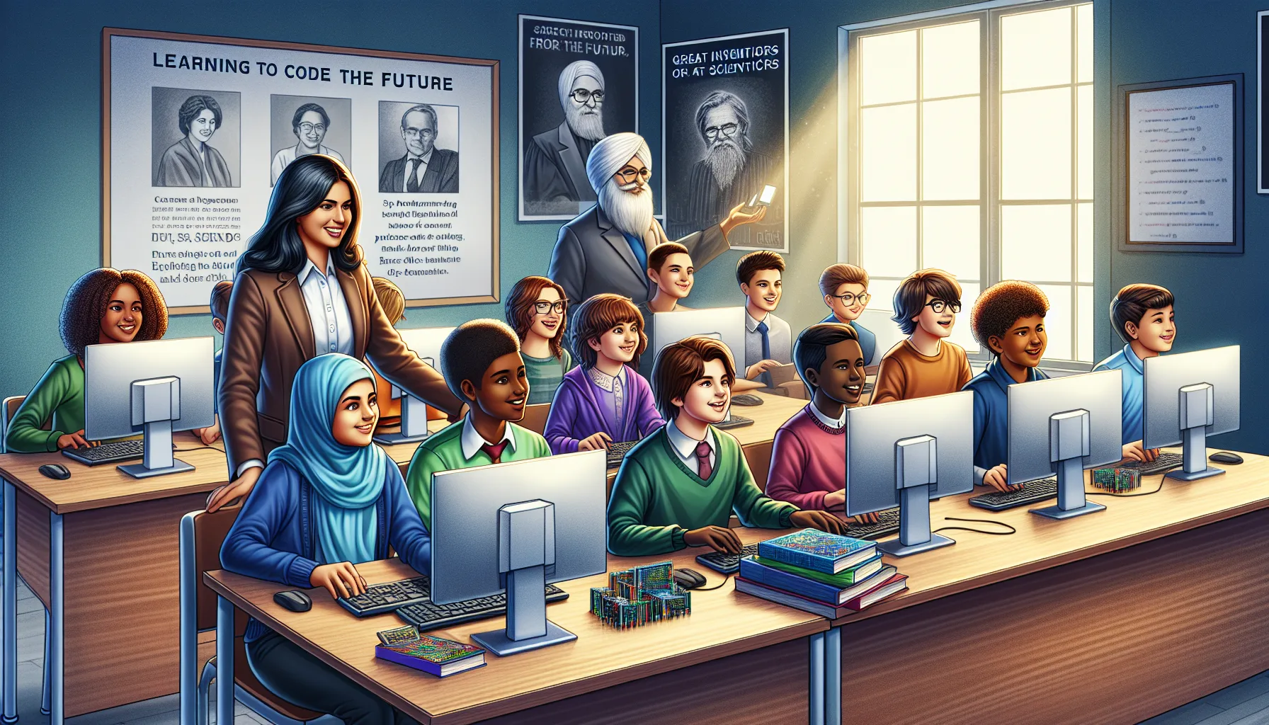 Иллюстрация к статье «Почему изучение программирования в школе — ключ к будущему успеху» — группа старшеклассников славянской внешности, увлечённо изучающих …