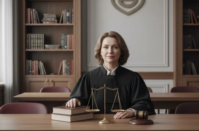 Иллюстрация к статье «Почему среди судей так много женщин? Исторический и социальный анализ» — Женщина-судья, 40-50 лет, со славянской внешностью, в черной с…