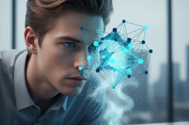 Иллюстрация к статье «Почему стоит выбрать Perplexity: Обзор функций и отличия от других нейросетей» — A focused young professional with distinct Slavic appe…