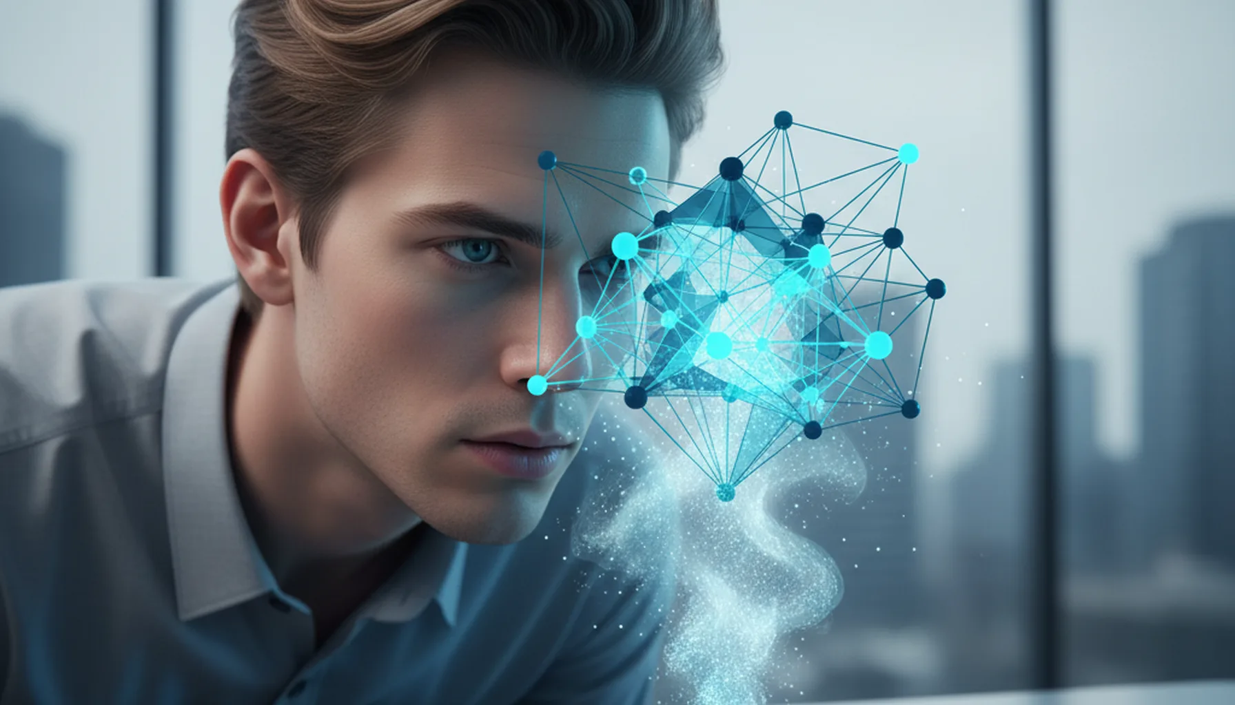 Иллюстрация к статье «Почему стоит выбрать Perplexity: Обзор функций и отличия от других нейросетей» — A focused young professional with distinct Slavic appe…