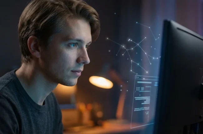 Иллюстрация к статье «Пошаговая установка Gemini CLI в Ubuntu: Гайд для новичков» — Молодой парень славянской внешности (светло-русые волосы, спокойные черты…