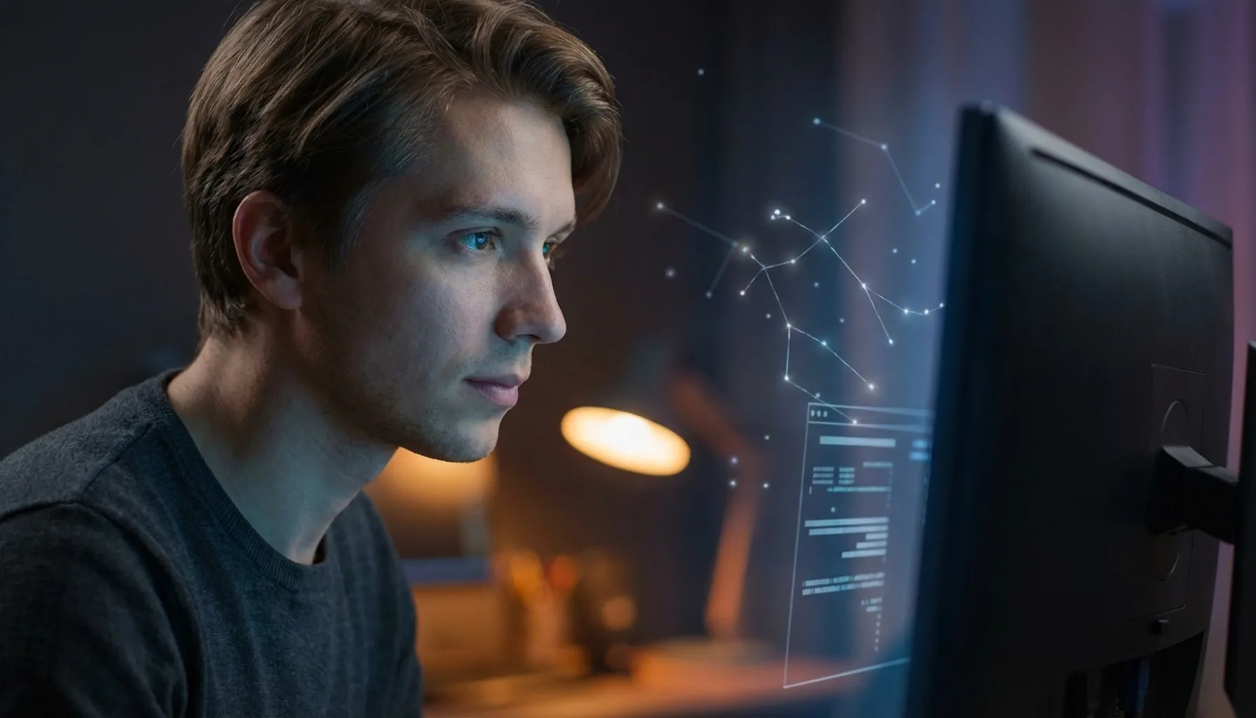 Иллюстрация к статье «Пошаговая установка Gemini CLI в Ubuntu: Гайд для новичков» — Молодой парень славянской внешности (светло-русые волосы, спокойные черты…