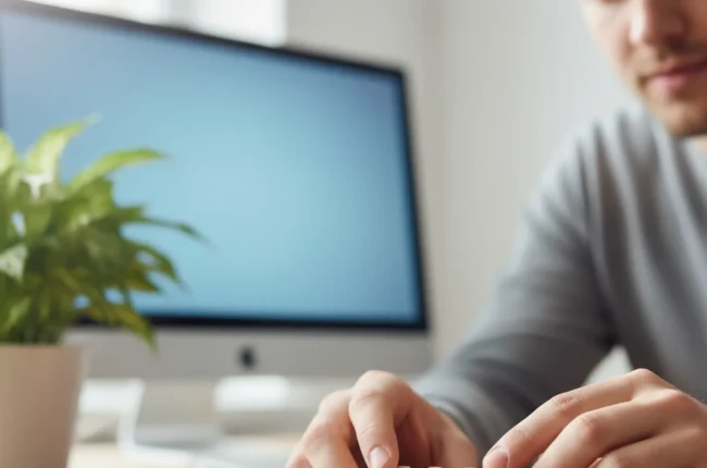 Иллюстрация к статье «Пошаговая установка WordPress на Linux VPS: Полное руководство для чайников» — Человек славянской внешности за столом, сосредоточенно и…