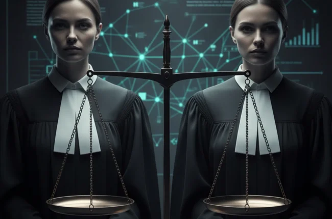 Иллюстрация к статье «Правосудие в цифрах: сравнительный анализ гендерного разрыва в судебных системах России, США и Европы» — Весы правосудия, слегка наклон…