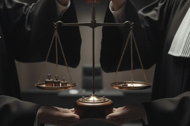 Иллюстрация к статье «Правосудие не слепо: как пол судьи влияет на исход вашего дела» — Весы правосудия, которые держат две руки в судейских мантиях — одна м…