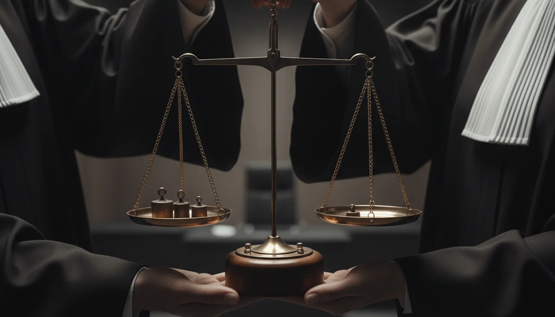 Иллюстрация к статье «Правосудие не слепо: как пол судьи влияет на исход вашего дела» — Весы правосудия, которые держат две руки в судейских мантиях — одна м…