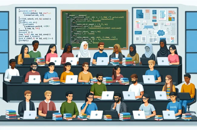 Иллюстрация к статье «Практические советы для студентов по изучению основ программирования» — молодой студент славянской внешности, сидящий за ноутбуком, изу…