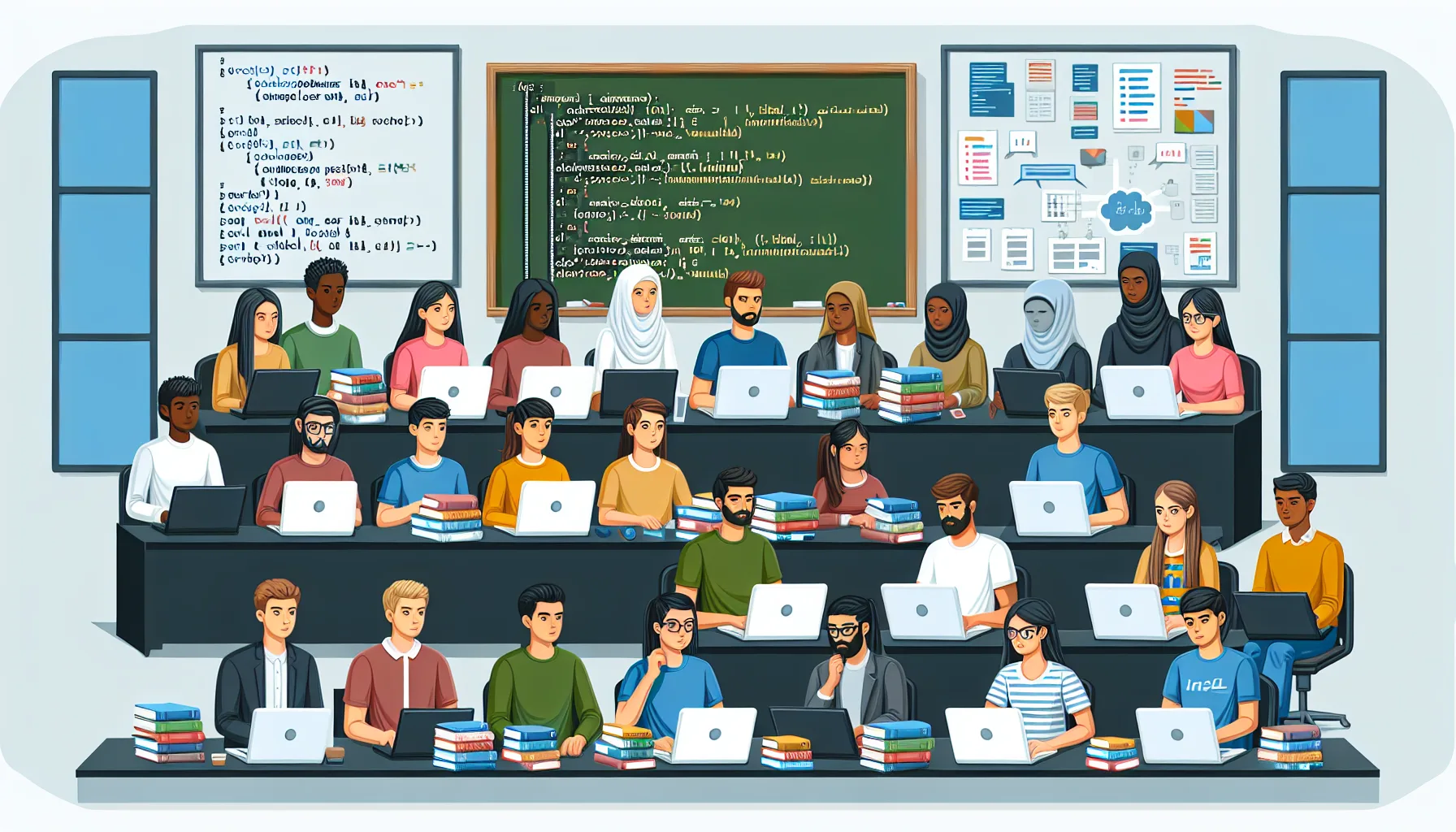 Иллюстрация к статье «Практические советы для студентов по изучению основ программирования» — молодой студент славянской внешности, сидящий за ноутбуком, изу…