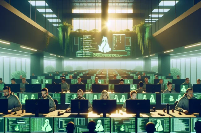 Иллюстрация к статье «Преимущества использования Linux в корпоративной инфраструктуре» — группа профессионалов, работающих за компьютерами с логотипом Linux …