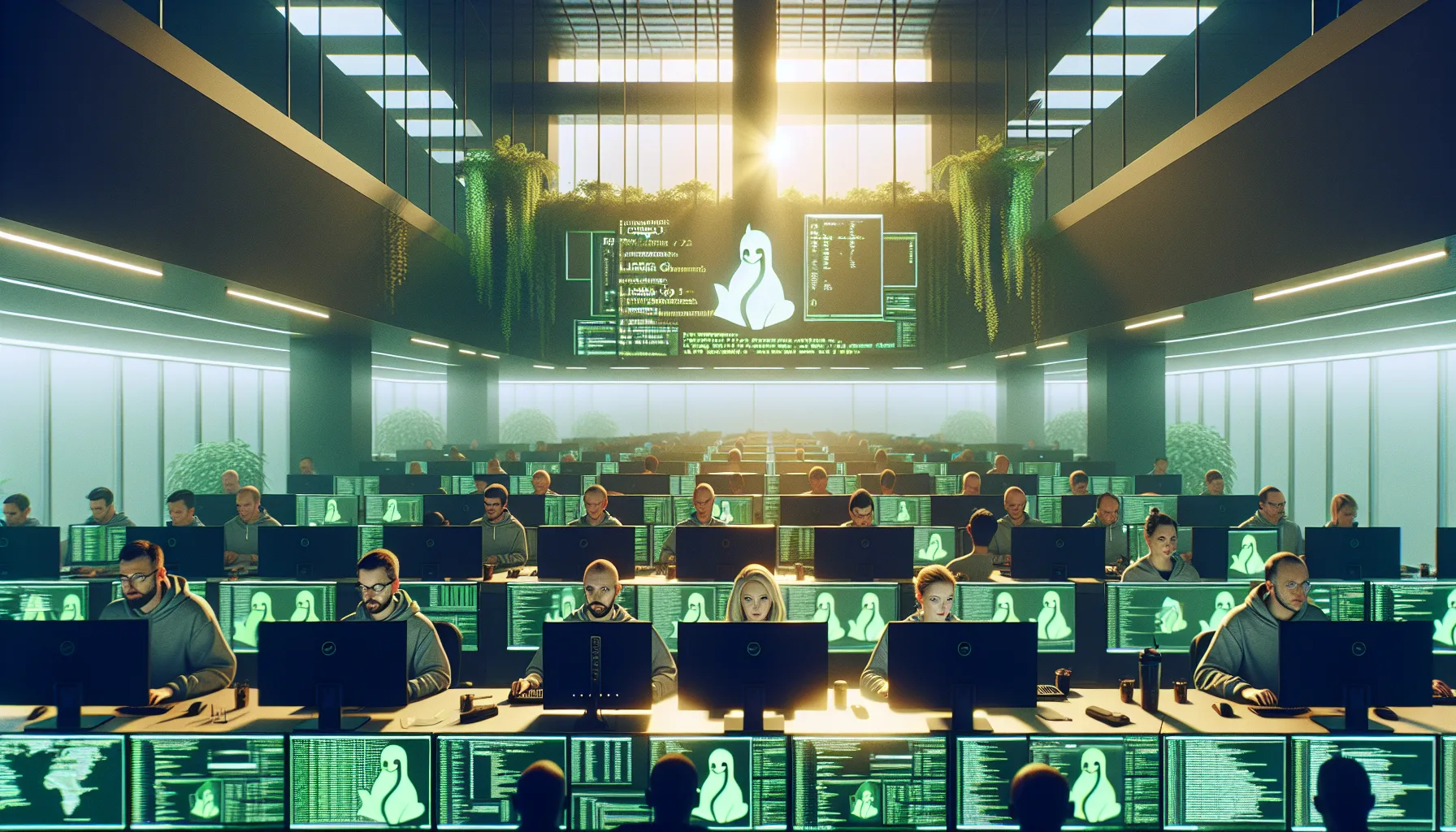 Иллюстрация к статье «Преимущества использования Linux в корпоративной инфраструктуре» — группа профессионалов, работающих за компьютерами с логотипом Linux …