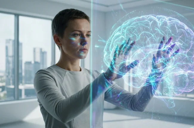 Иллюстрация к статье «Прогноз на 2030 год: Ключевые направления развития искусственного интеллекта по мнению экспертов» — Женщина-исследователь со славянской…