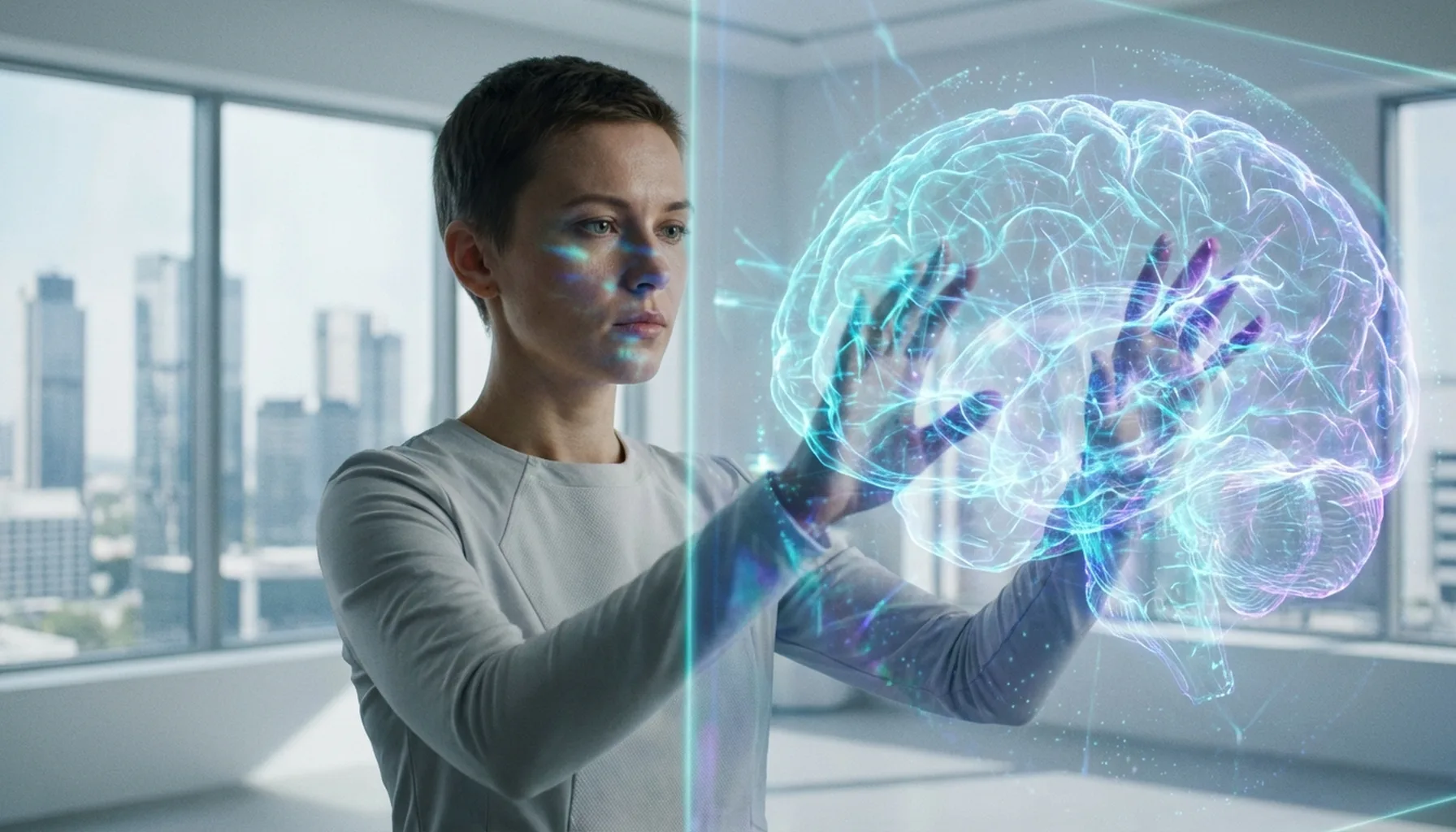 Иллюстрация к статье «Прогноз на 2030 год: Ключевые направления развития искусственного интеллекта по мнению экспертов» — Женщина-исследователь со славянской…