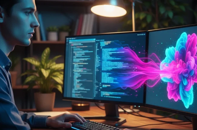 Иллюстрация к статье «Программирование и творчество с Claude 4.5 Opus: Реальные примеры использования ИИ» — A focused young professional with Slavic facial f…