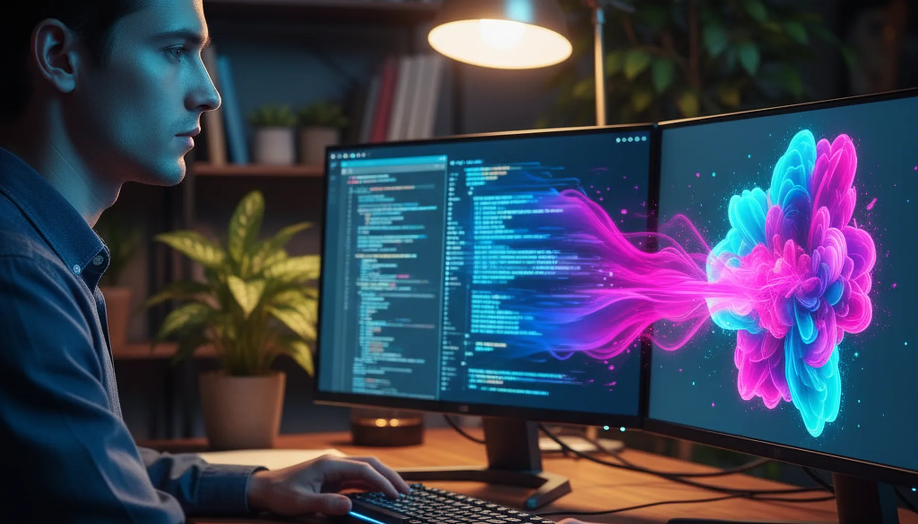 Иллюстрация к статье «Программирование и творчество с Claude 4.5 Opus: Реальные примеры использования ИИ» — A focused young professional with Slavic facial f…