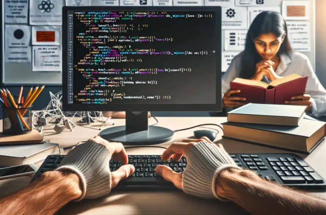 Иллюстрация к статье «Программирование с нуля: вдохновляющий старт для новичков» — Молодой человек славянской внешности сидит за ноутбуком, увлечённо изучает…